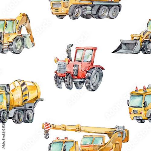 Watercolor Background for Kids with with little toy Building Machines. Watercolor seamless pattern Trucks and Cars. Red tractor, Excavator, Digger machine, Concrete Mixer