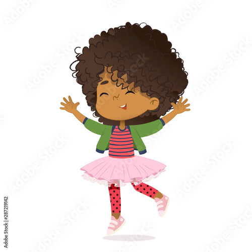 Smiling African American girl happily jump and dance. School girl have fun. The concept is fun and vibrant moments of childhood. Vector illustrations.