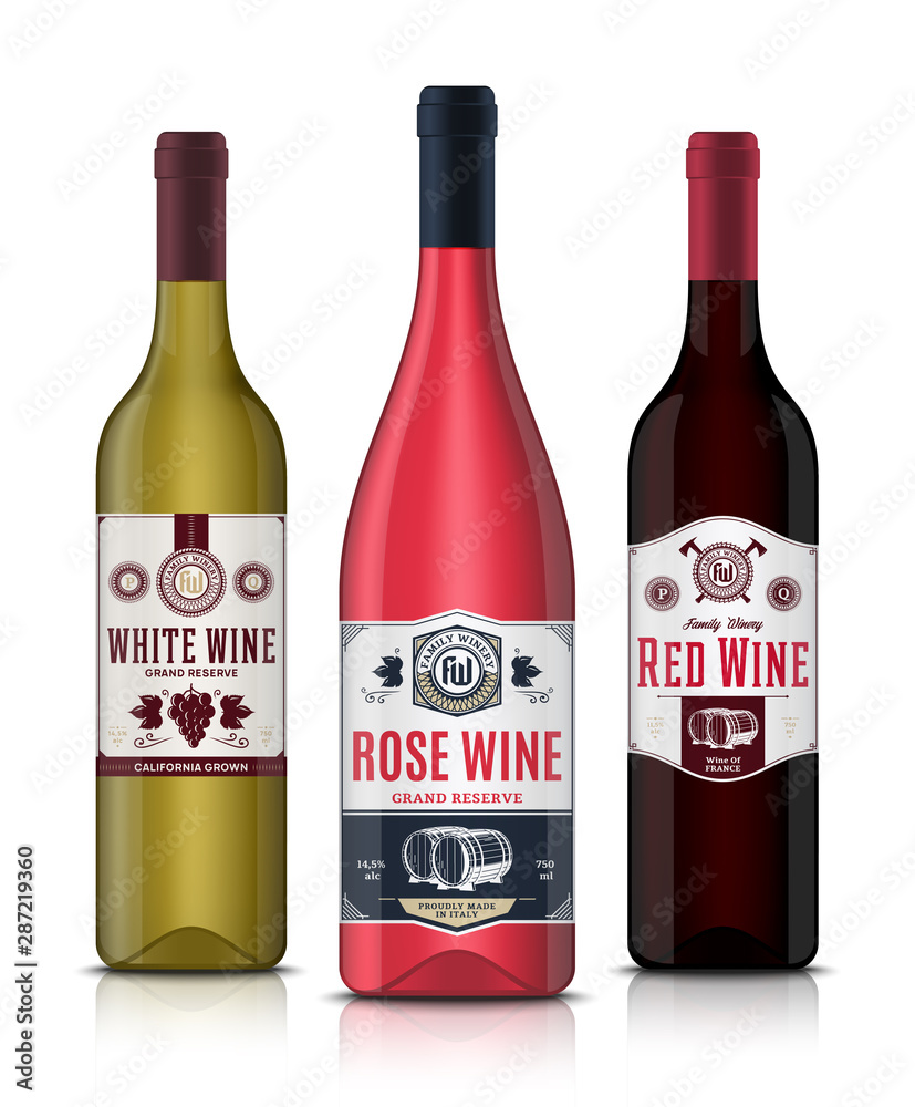 Vector vintage red, white and rose wine labels and wine bottle mockups