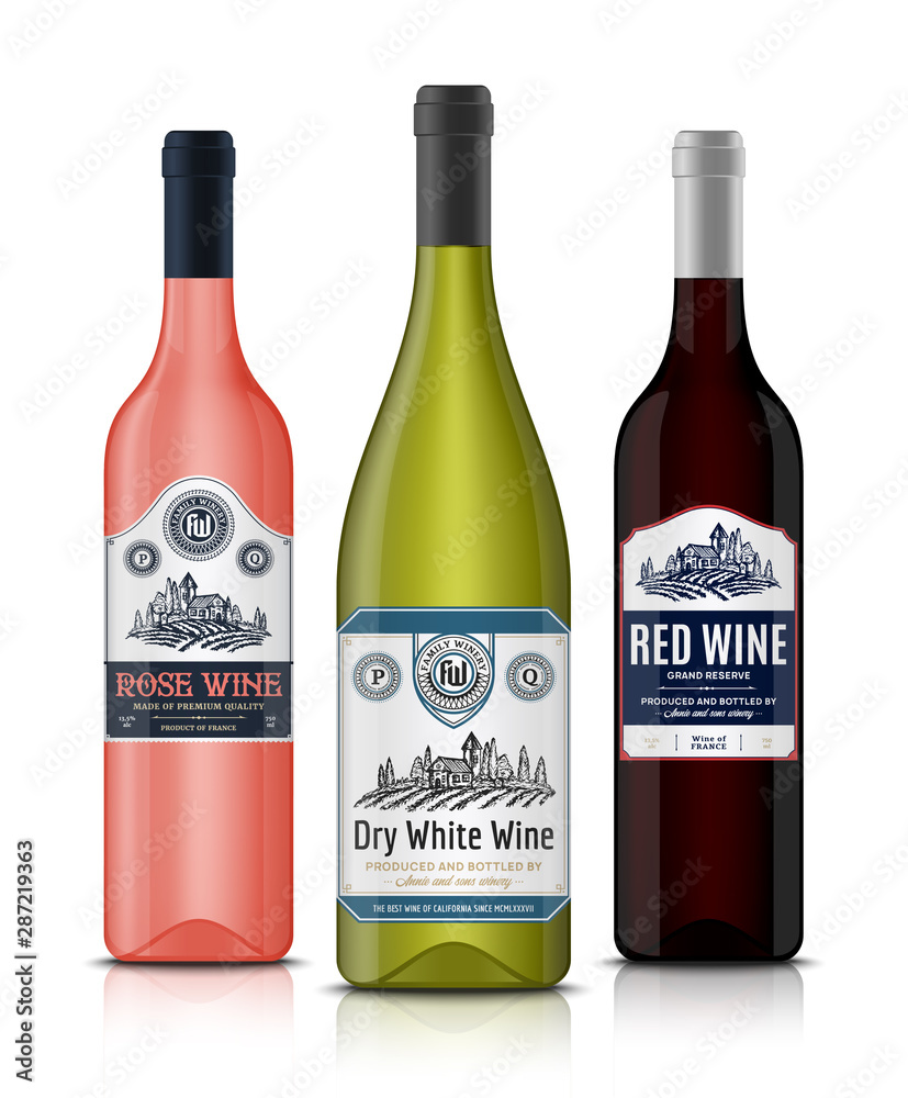 Vector vintage red, white and rose wine labels and wine bottle mockups