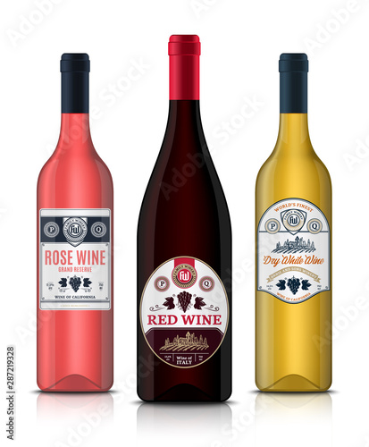 Vector vintage red, white and rose wine labels and wine bottle mockups