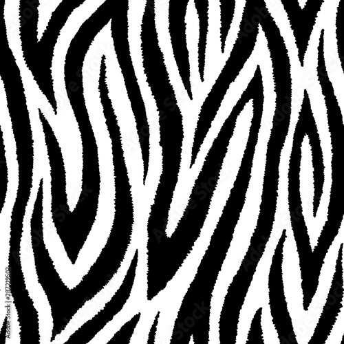 Zebra fur stripes seamless pattern. Exotic wild animalistic texture, print. Detailed hand drawn vector wallpaper. 