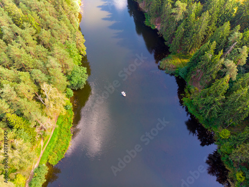 Top view drone shot of a green forest and river in the city park