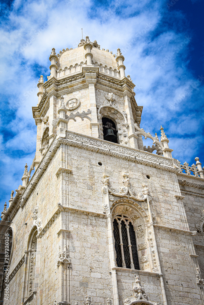 Lisbon, Portugal - July 26, 2019: Stone varving details on the World Heritage listed Jeronimos Monastery in Belem