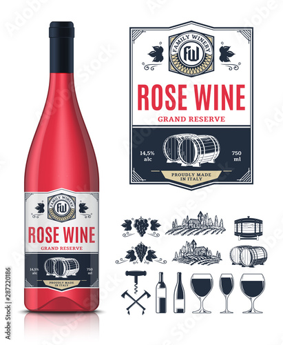 Vector vintage rose wine label and wine bottle mockup. Winemaking business branding and identity icons and design elements