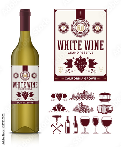 Vector vintage white wine label and wine bottle mockup. Winemaking business branding and identity icons and design elements