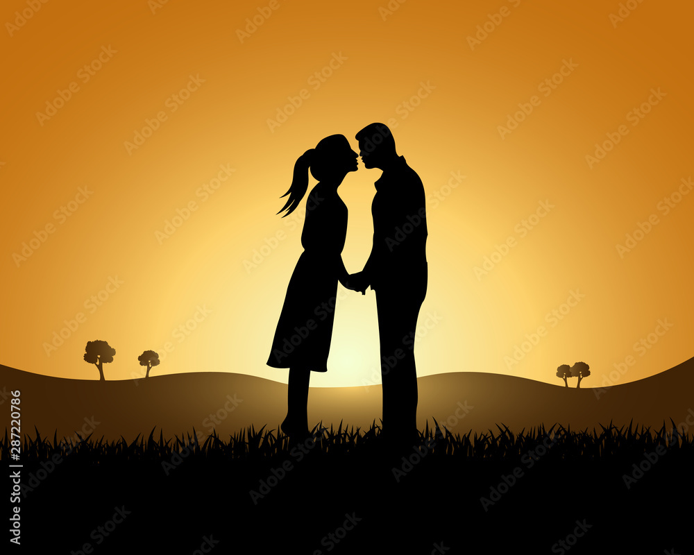 Illustration of a cute romantic couple on a date at sunset , vector image .  Векторный объект Stock | Adobe Stock