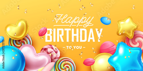 Photography Happy Birthday background with colorful balloons and sweets
