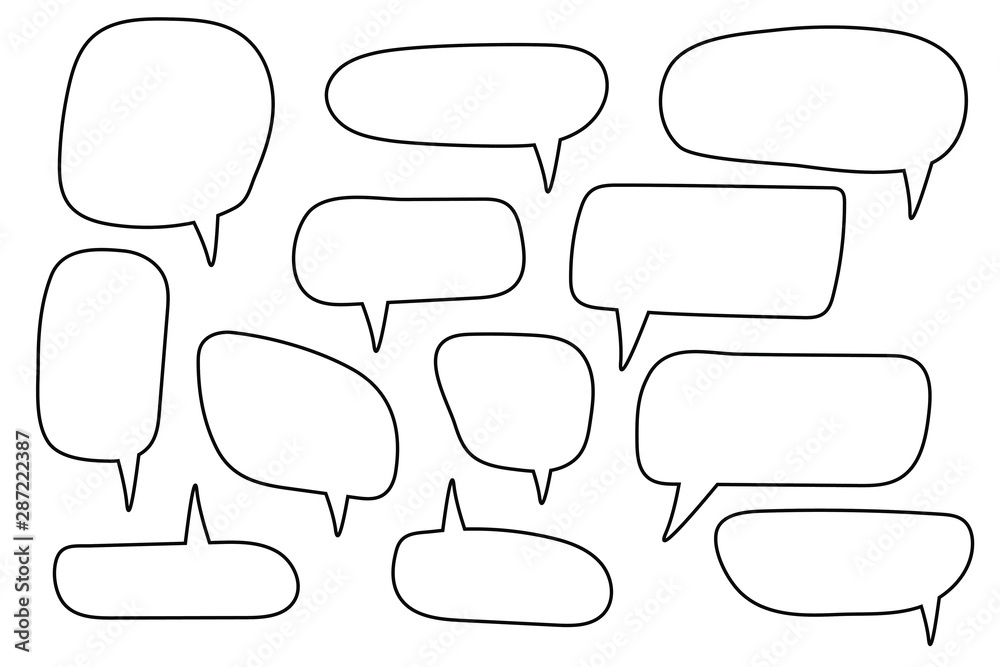 Obraz premium Vector speech bubbles set. Hand drawn speech bubbles set, doodle style, Blank empty vector speech bubbles. Cartoon outline balloon word design.