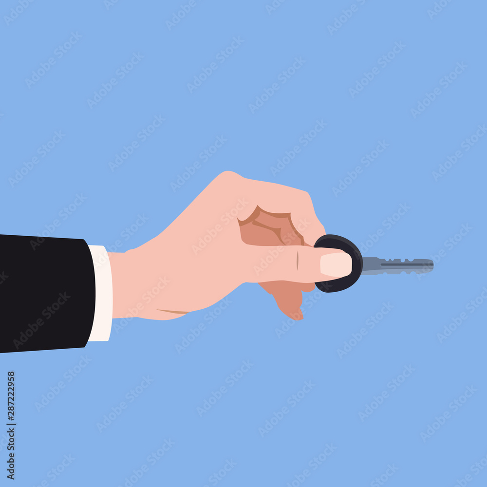 Hand holding modern key to unlock door car, home, rent, buy Hand holding modern key to unlock door car, home, rent, buy