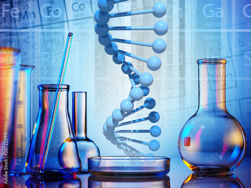 microscope with lab glassware, science laboratory research and development concept
