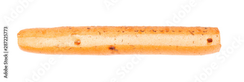 Bread sticks isolated on white background. Grissini, Italian breadsticks with onions and herbs. Top view.