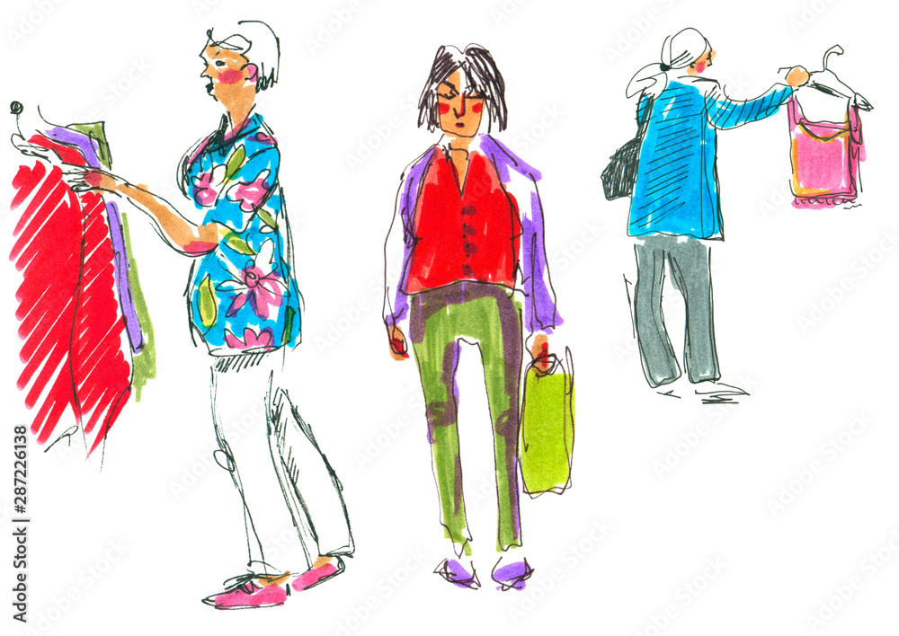 Marker street illustration, sketch, old middle aged women shopping, cartoon style. Isolated on white.