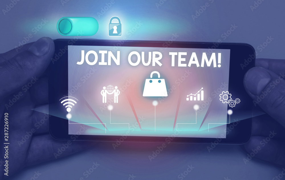 Fototapeta premium Word writing text Join Our Team. Business photo showcasing invite someone to work together for particular purpose target Male human wear formal work suit presenting presentation using smart device