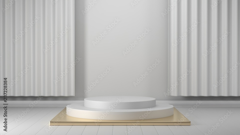 3d render, abstract geometric background, cylinder podium, minimalistic primitive shapes, modern mock up, blank template, gold metal grid, mesh, empty showcase, shop display