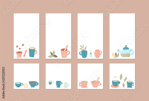 Tea set. Cups and teapots. Vector illustration.