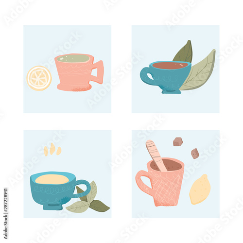 Tea set. Cups and teapots. Vector illustration.