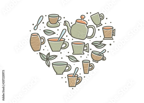 Tea set. Cups and teapots. Vector illustration.