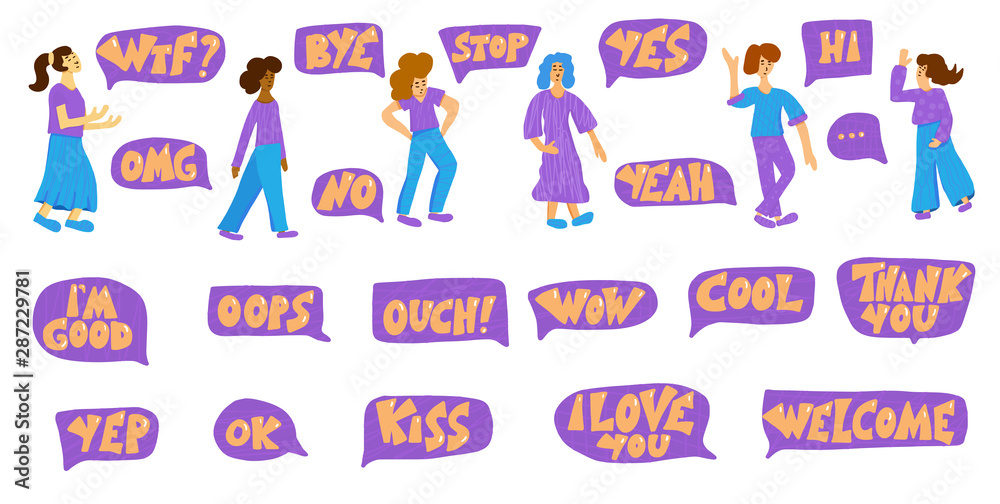 Set of short phrase and girls characters. Set of short phrase and girls characters.