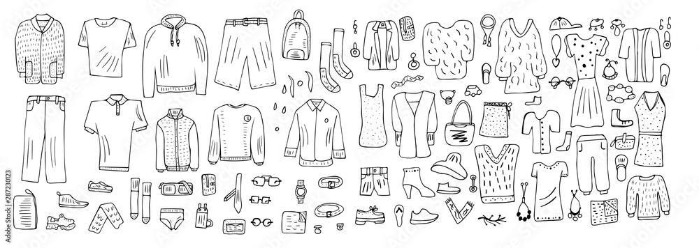 Set of clothes in doodle style. Vector illustration.