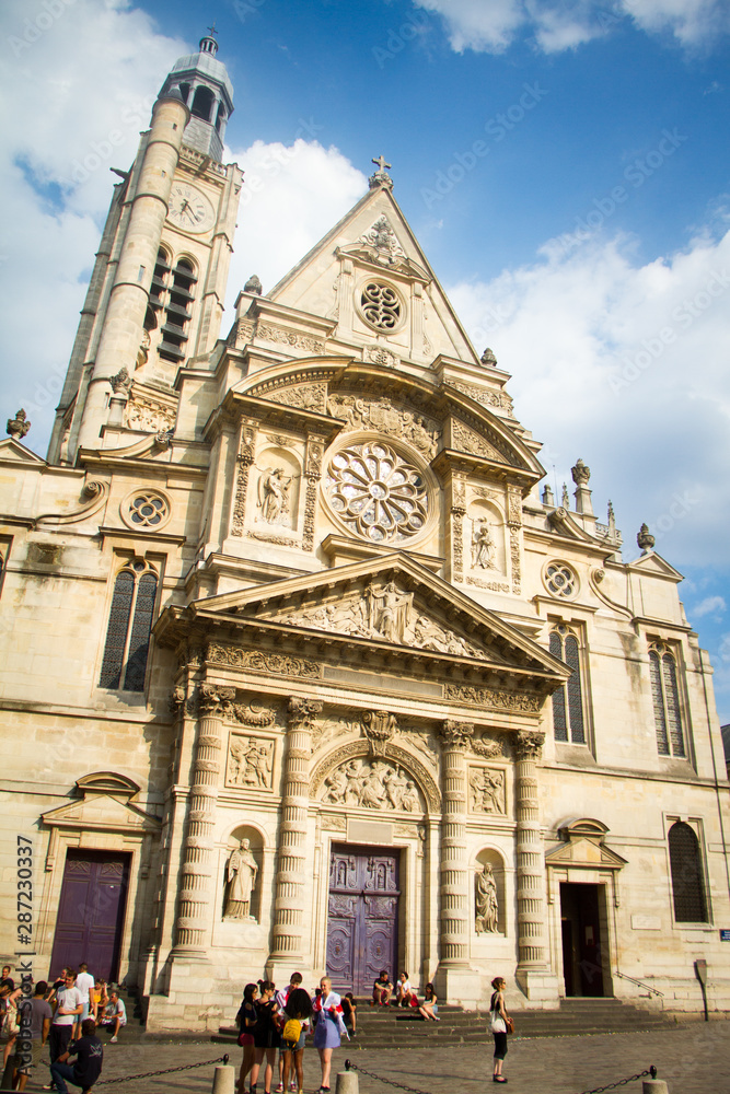 Main entrance view of Church Saint Etienne du Mont at Pantheon Square in Paris