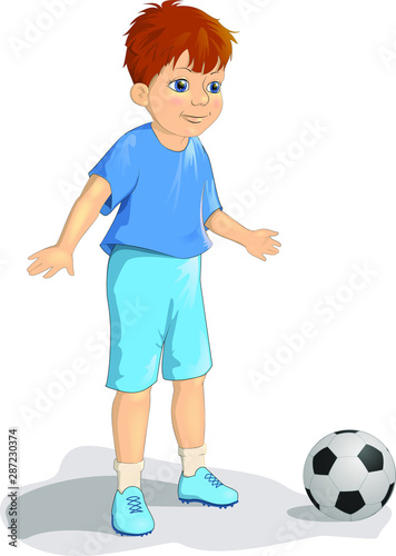 Cute young boy football or soccer player in blue uniform with ball vector illustration. In cartoon style. Clipart Isolated on white background © Елена Агеева