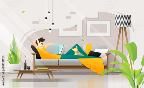 Happy young man lying on sofa with laptop in living room, relaxing weekend at home ,vector , illustration