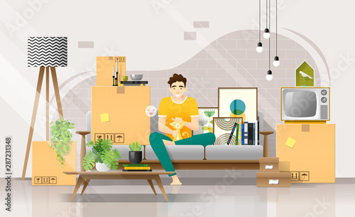 Happy young man and his cat sitting on sofa in living room after moving to new home , vector , illustration