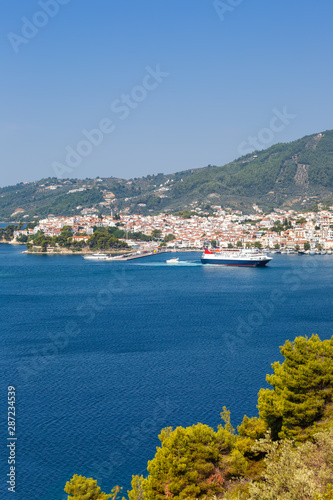Skiathos island Greece city overview town Mediterranean Sea Aegean portrait format travel