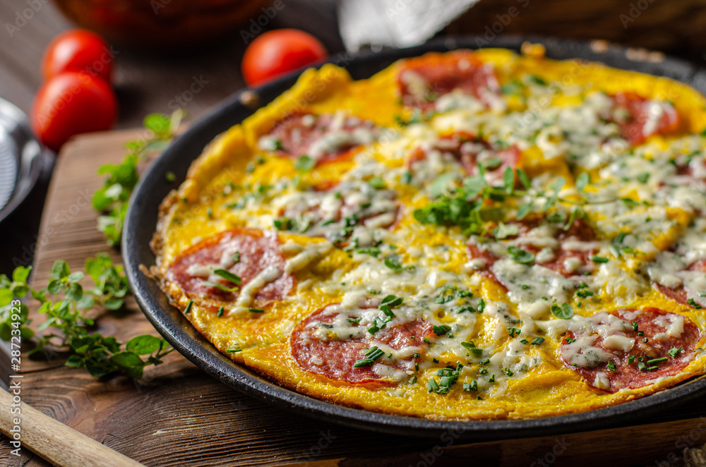 Omelette with salami and blue cheese