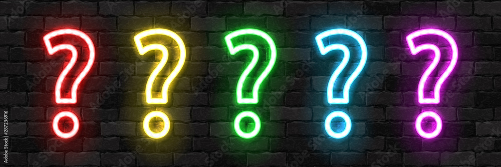 Vector set of realistic isolated neon sign of Question logo for template decoration and covering on the wall background. Concept of trivia and did you know quiz. - obrazy, fototapety, plakaty 