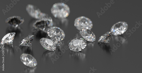 Diamonds group placed on dark glossy background, 3d rendering, soft focus.