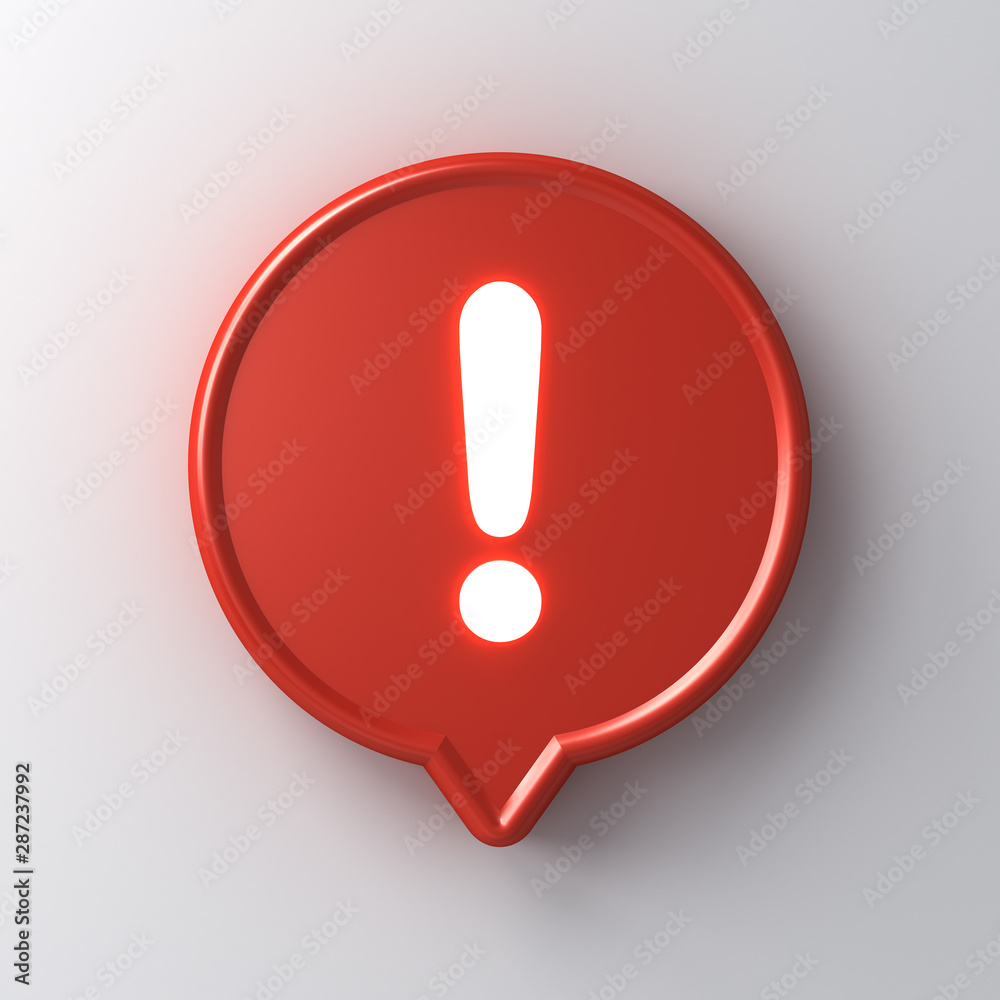 Neon light exclamation mark icon in red round pin 3d social media notification isolated on white background with shadow 3D rendering Neon light exclamation mark icon in red round pin 3d social media notification isolated on white background with shadow 3D rendering