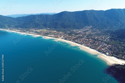 Aerial view of Maresias and Pauba Beaches, Sao Sebastiao, North Coast of Sao Paulo, Brazil. Vacation Travel. Travel destination. Tropical scenery. Great landscape