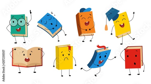 Funny books characters collection with different facial expression vector illustration. Set of cute humanized textbooks emoji representing various types of literature, kids and schoolastic