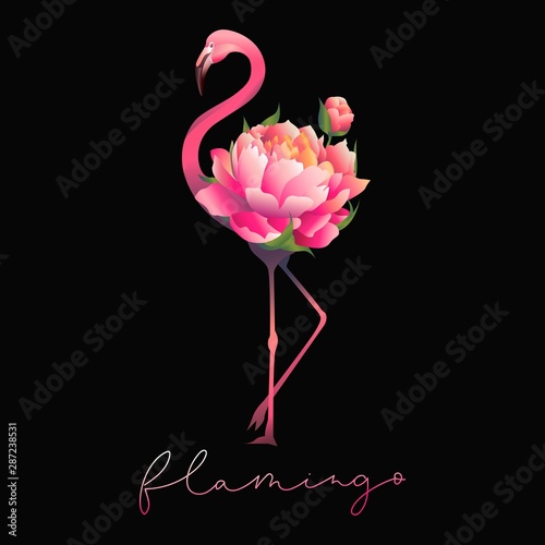 Cute flamingo with floral bouquet print vector illustration. Inspirational card with beautiful pink bird and gradient lettering inscription on dark background for clothes design, sketches, poster