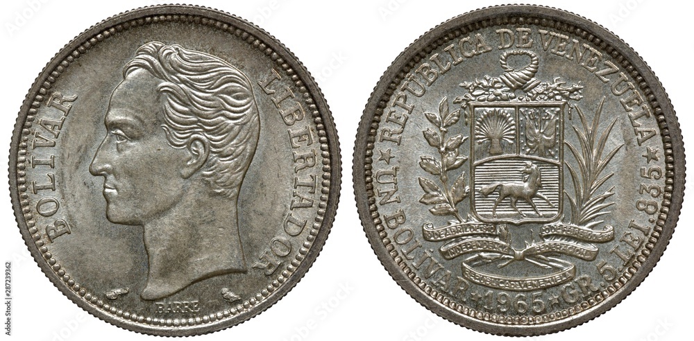 Poster Venezuela Venezuelan silver coin1 one bolivar 1965, head of ...
