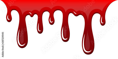 Blood drip 3D. Drop blood isloated white background. Happy Halloween decoration design. Red splatter stain splash spot, horror blot. Bleeding bloodstain scare texture. Liquid paint. Vector illustraton