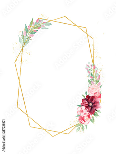 Floral branch watercolor hand drawn raster frame template