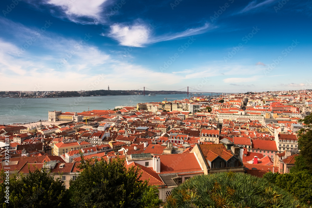 Aerial view from Castle of Saint George or Sao Jorge to the historical centre of Lisbon on the sunny afternoon, Lisbon, Portugal, Lisboa 