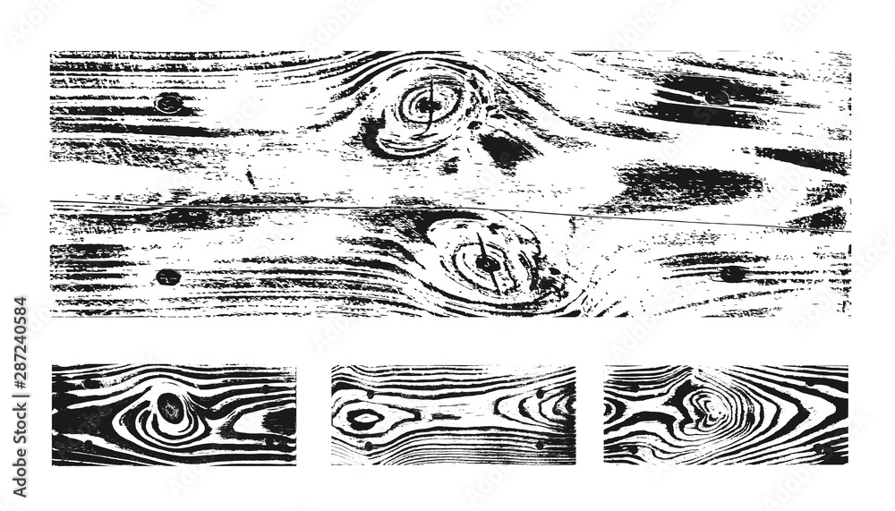 Naklejka Biały czarny zestaw tekstury drewna. Drewniane deski wzór nakładki tekstury. Efekt szkicu grunge. Motyw pęknięć na projektową ścianę, podłogę, rustykalny, stary szorstki. Stylowe retro streszczenie tło. Ilustracja wektorowa