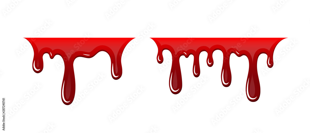 Blood drip 3D set. Drop blood isloated white background. Happy Halloween decoration design. Red splatter stain, splash spot, horror blot. Bleeding bloodstain texture. Liquid paint. Vector illustraton