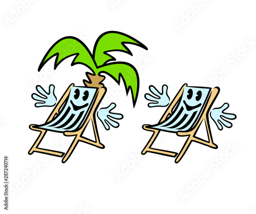 Deck chair cartoon character with tree palm, logo design. Travel, journey, travelling and vacation, vector design and illustration
