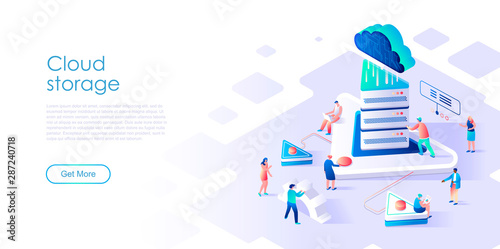 Isometric landing page cloud storage or technology flat concept. Digital data service on mobile and computer devices for website or homepage. Isometric vector illustration template.