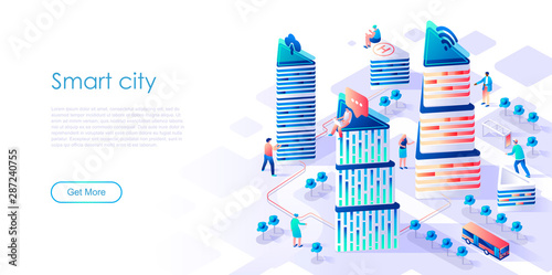 Isometric landing page smart city or intelligent flat concept. Building automation with computer networking for website or homepage. Isometric vector illustration template.