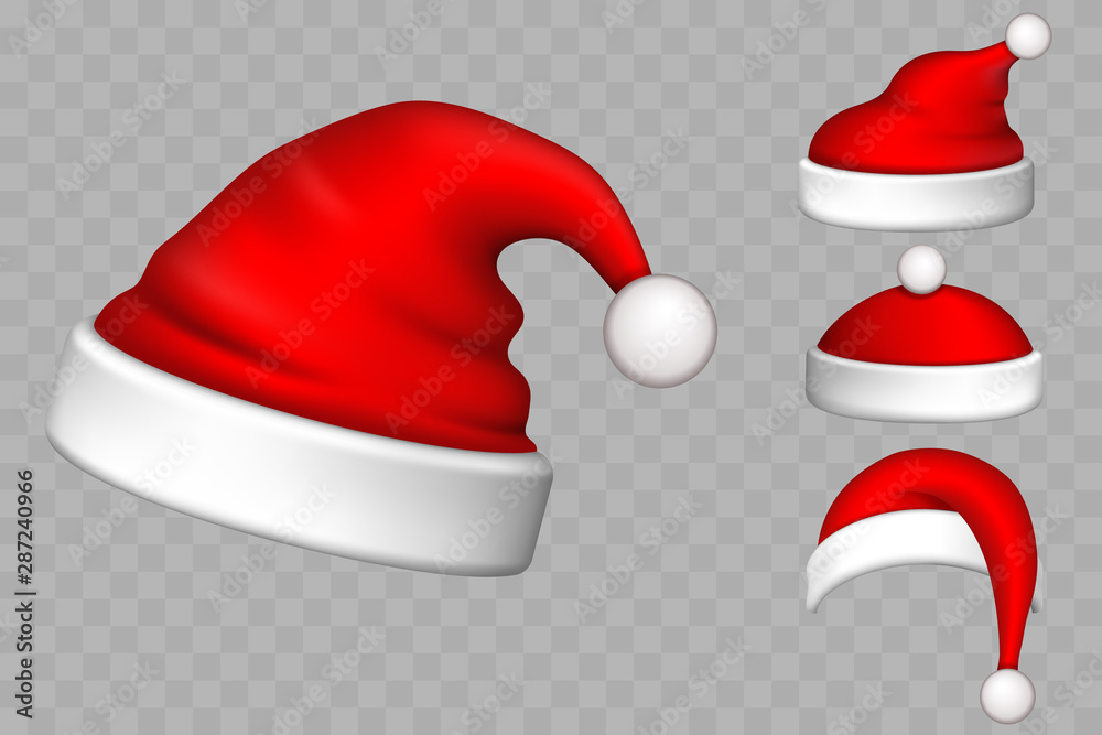 Santa Claus hat 3D set. Realistic Santa Claus hat isolated transparent background. Red funny cap silhouette. Merry Christmas clothes cute design. New year decoration wear costume. Vector illustration Santa Claus hat 3D set. Realistic Santa Claus hat isolated transparent background. Red funny cap silhouette. Merry Christmas clothes cute design. New year decoration wear costume. Vector illustration