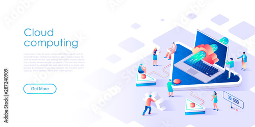 Isometric landing page cloud computing or technology flat concept. Digital service for storing data on mobile and computer devices for website or homepage. Isometric vector illustration template.