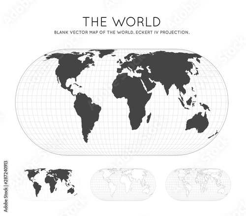 Map of the World. Eckert IV projection. Globe with latitude and longitude lines. World map on meridians and parallels background. Vector illustration.