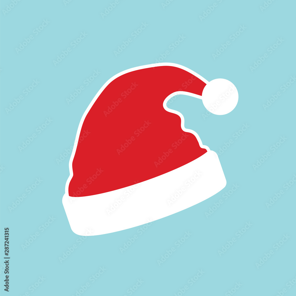Santa Claus hat flat. Realistic Santa Claus hat isolated blue background. Red funny cap silhouette. Merry Christmas clothes cute simple cartoon design. New year decoration costume. Vector illustration Santa Claus hat flat. Realistic Santa Claus hat isolated blue background. Red funny cap silhouette. Merry Christmas clothes cute simple cartoon design. New year decoration costume. Vector illustration