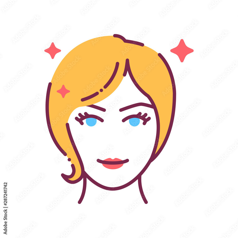Beautiful women face with fashionable hairstyle color line icon. Avatar blond girl. Pictogram for web page, mobile app, promo. Beautiful women face with fashionable hairstyle color line icon. Avatar blond girl. Pictogram for web page, mobile app, promo.
